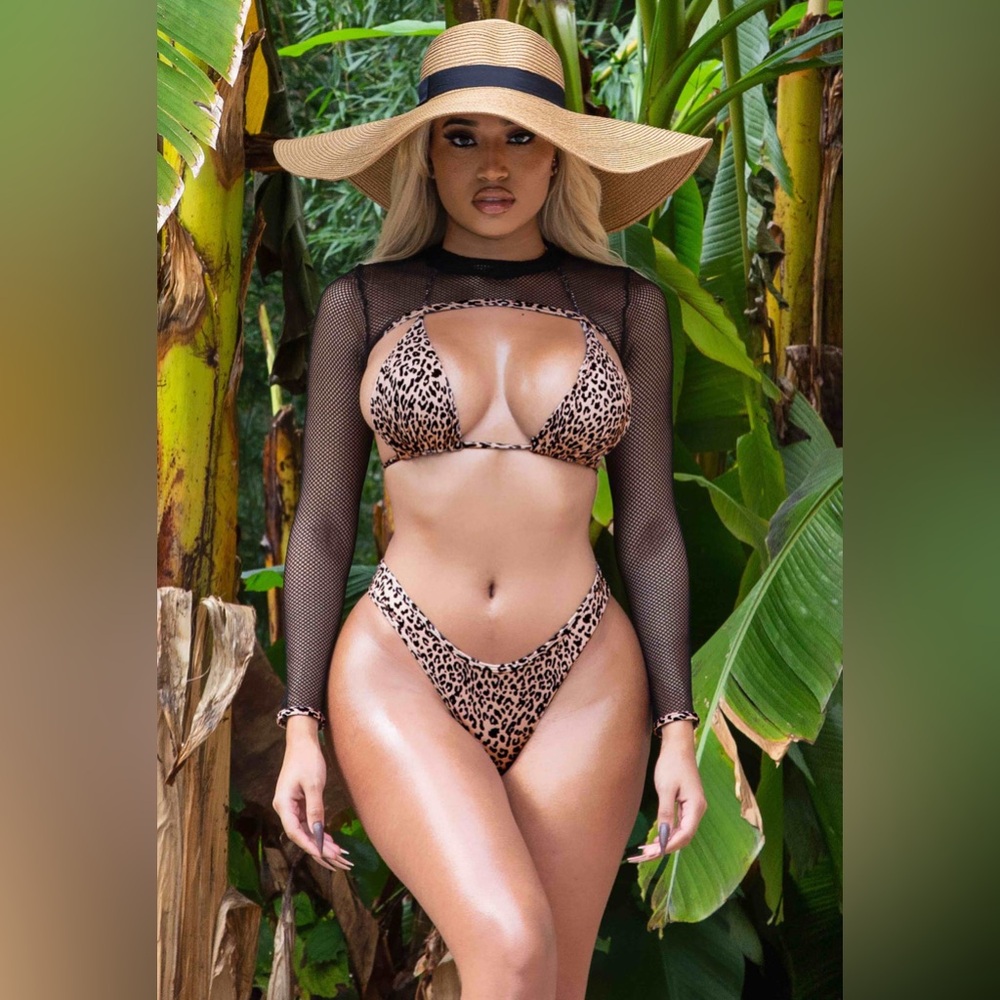 Matte Collection Matte Swim 3 Piece Leopard Swimsuit Bikini Set Fishnet Cover Up